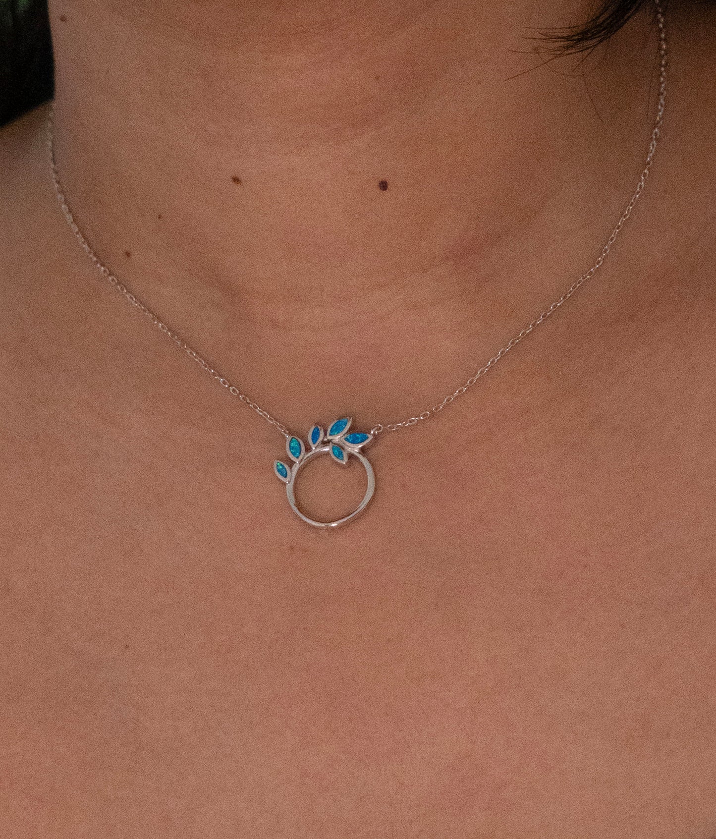 Sterling Silver Blue Opal Leaf Circle Necklace
