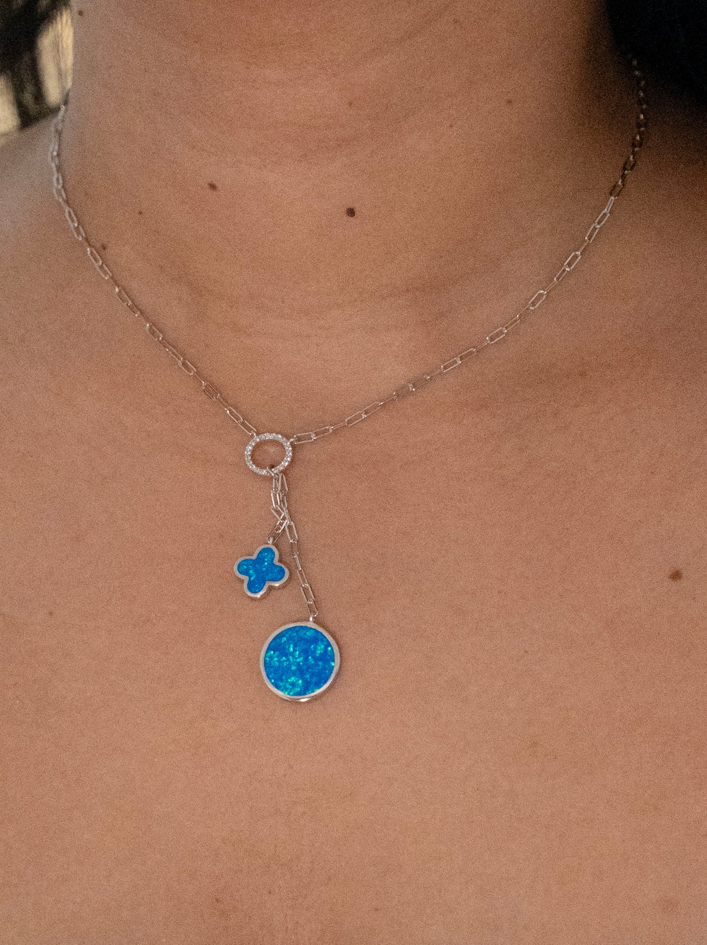 Sterling Silver Blue Opal Flower & Circle Necklace