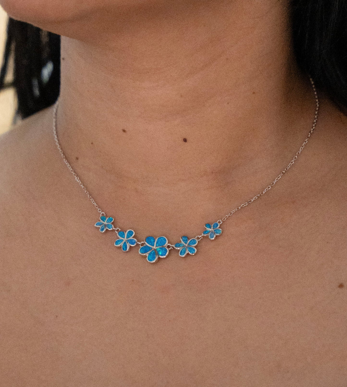 Sterling Silver Blue Opal Flower Necklace
