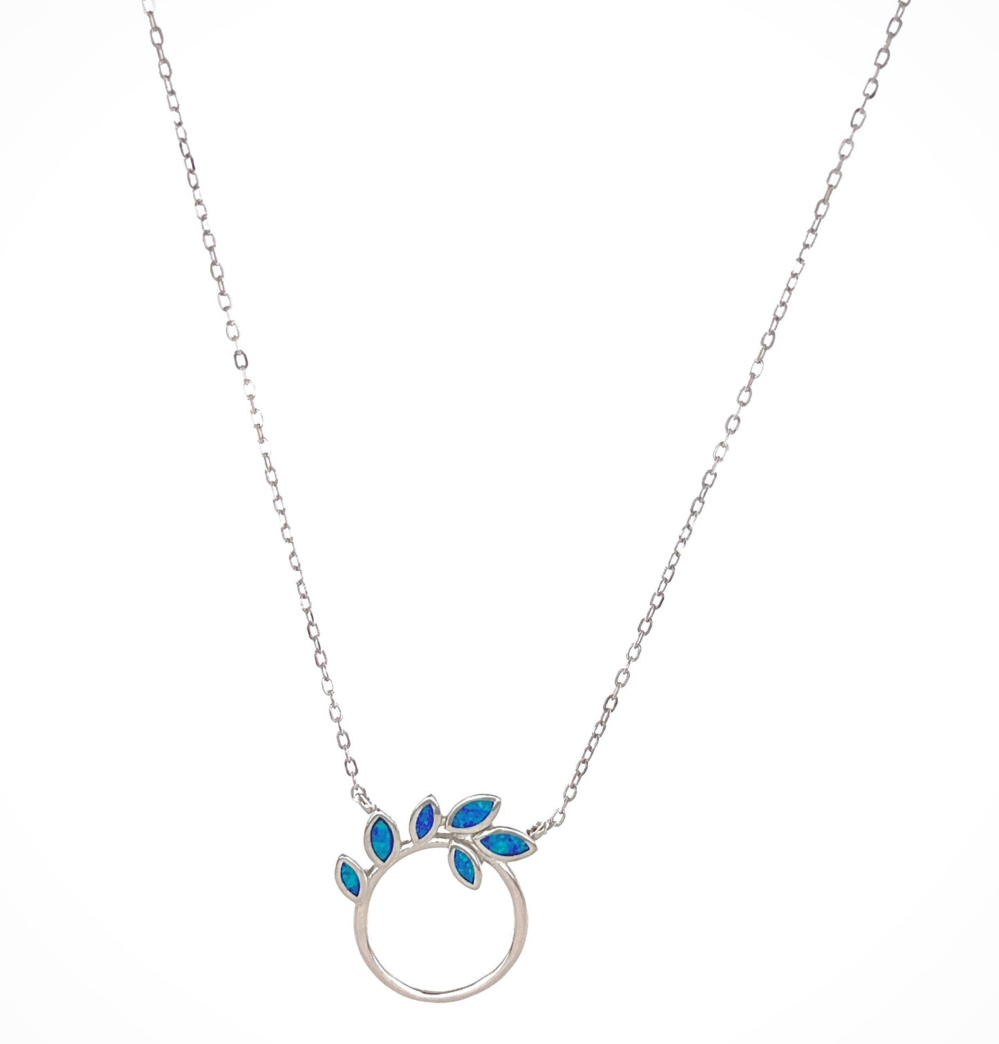 Sterling Silver Blue Opal Leaf Circle Necklace