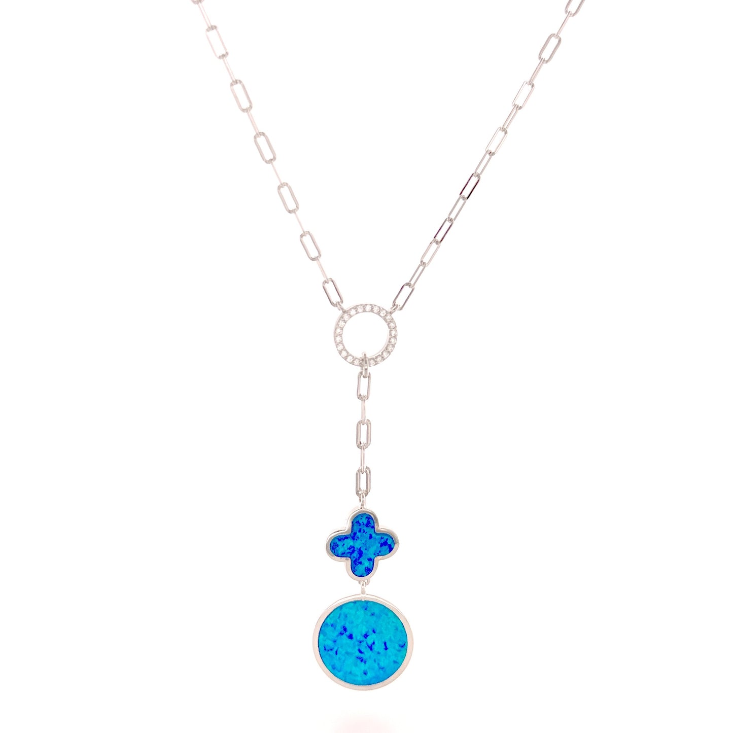 Sterling Silver Blue Opal Flower & Circle Necklace