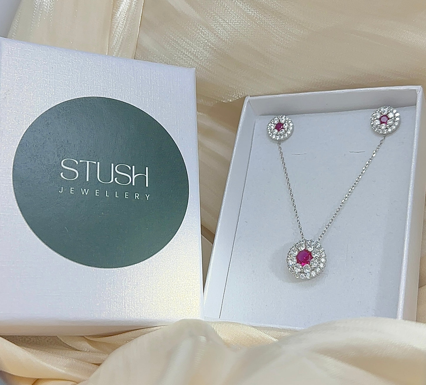 Sterling Silver Ruby Jewelry Set: Necklace & Stud Earrings