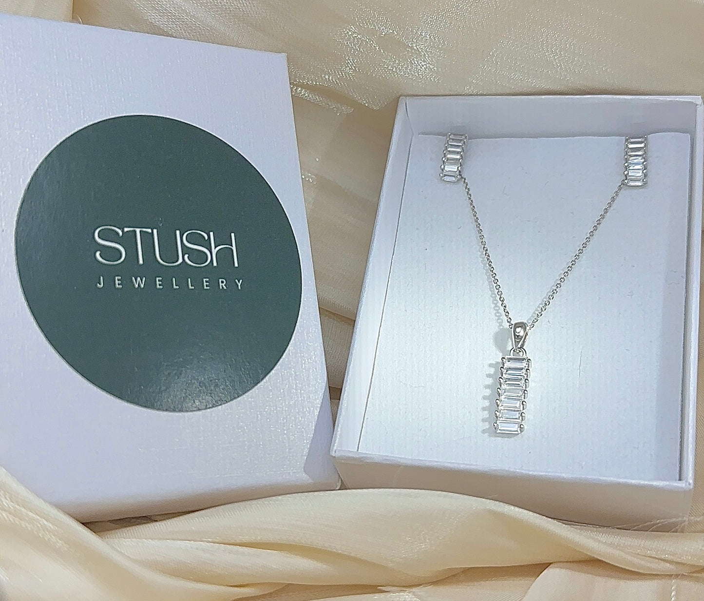 Sterling Silver Baguette Jewelry Set: Necklace & Earrings