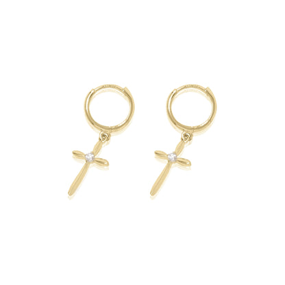 14k Gold Cross Minimalist Dangle Huggies