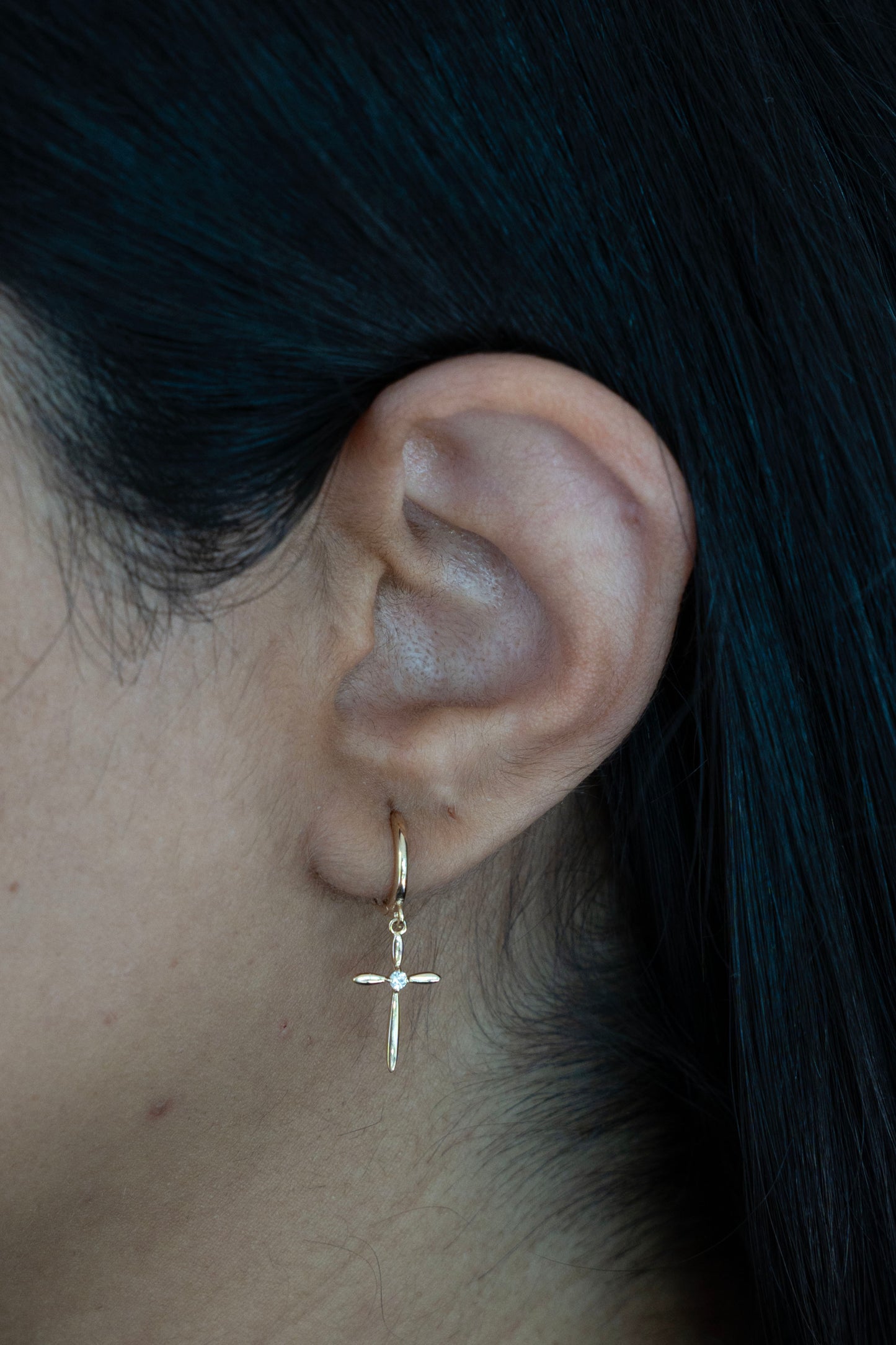 14k Gold Cross Minimalist Dangle Huggies