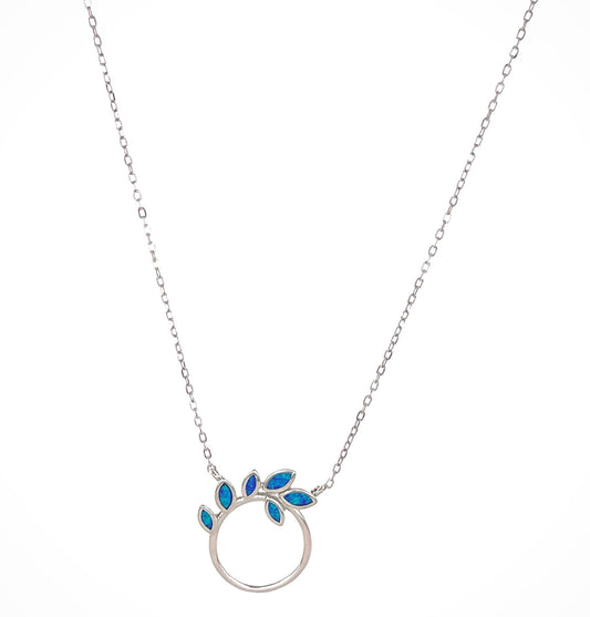 Sterling Silver Blue Opal Leaf Circle Necklace
