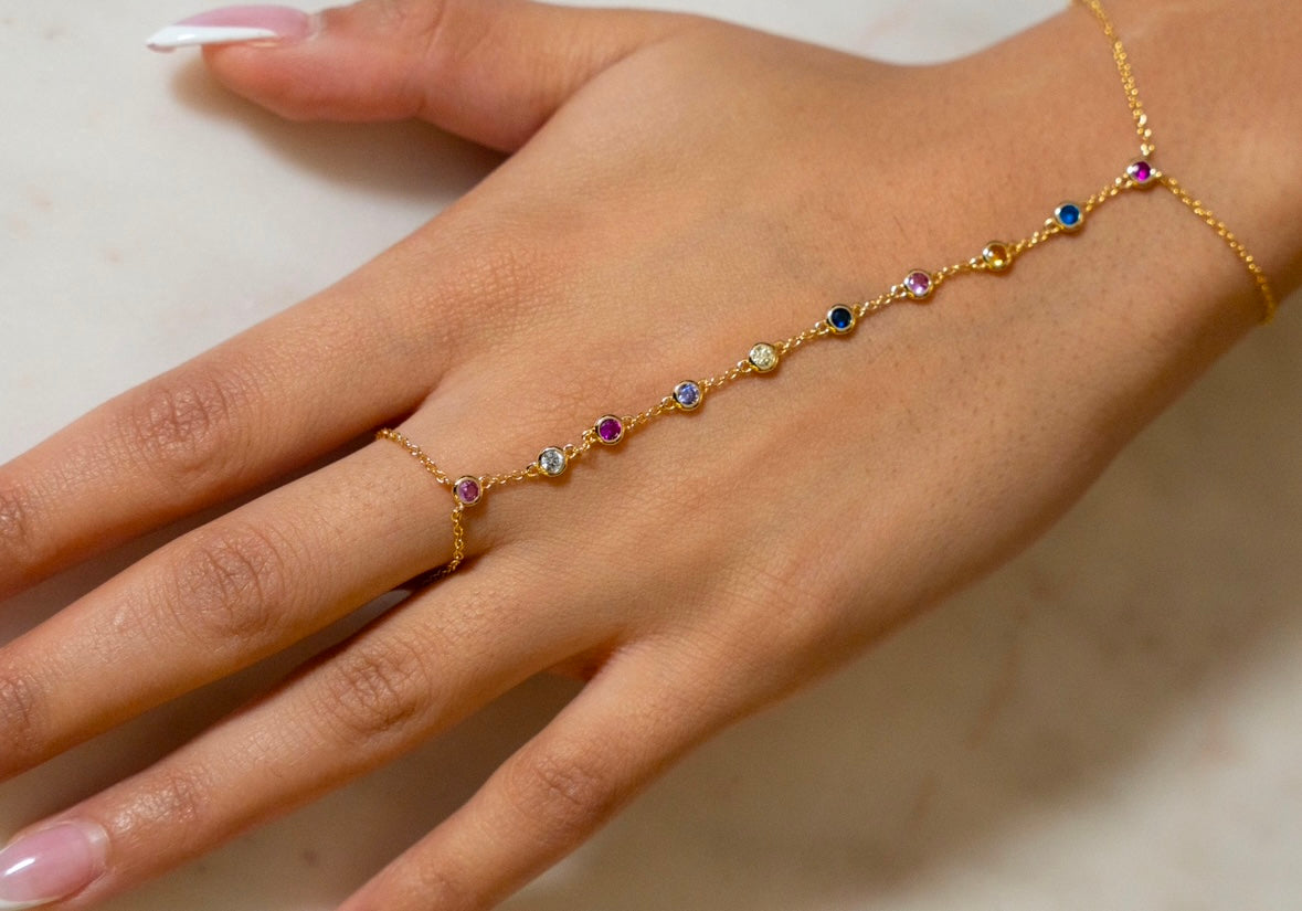 Gold Hand Chain Multicolour Gemstone Bracelet