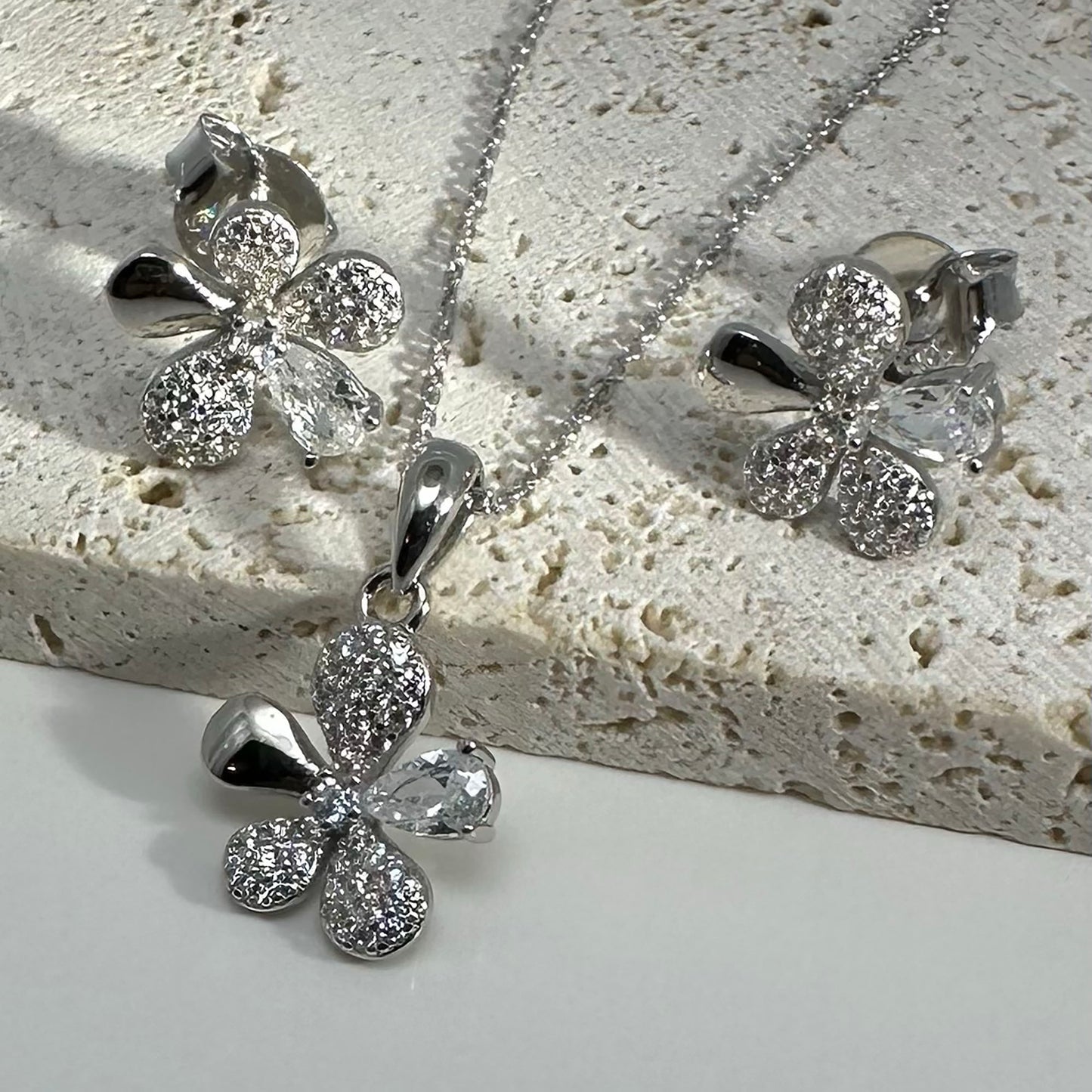 Sterling Silver Floral Jewelry Set: Diamond, Sky Blue, Emerald