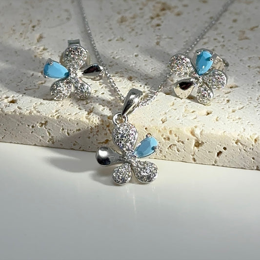 Sterling Silver Floral Jewelry Set: Diamond, Sky Blue, Emerald