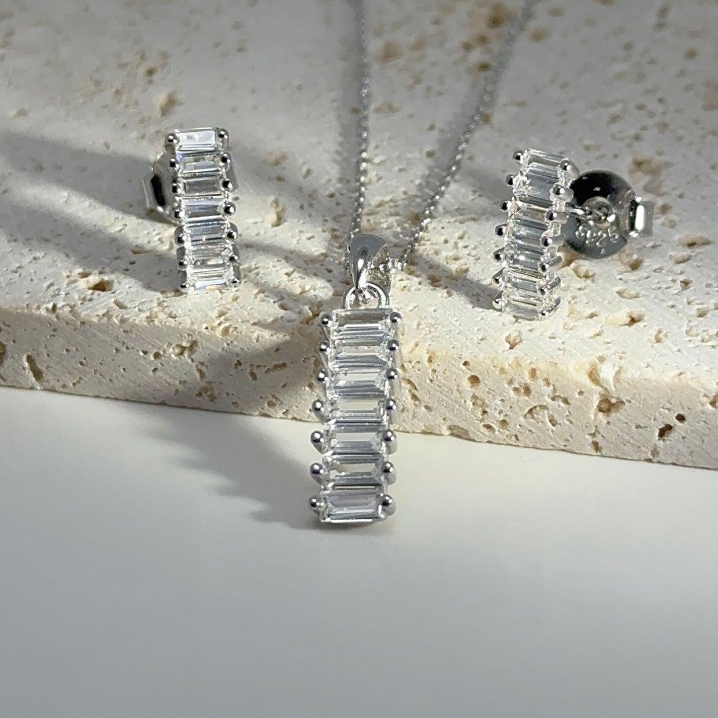 Sterling Silver Baguette Jewelry Set: Necklace & Earrings