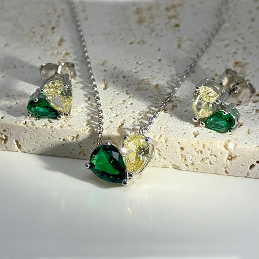 Sterling Silver Pear Jewelry Set: Emerald Yellow, Ruby Pink