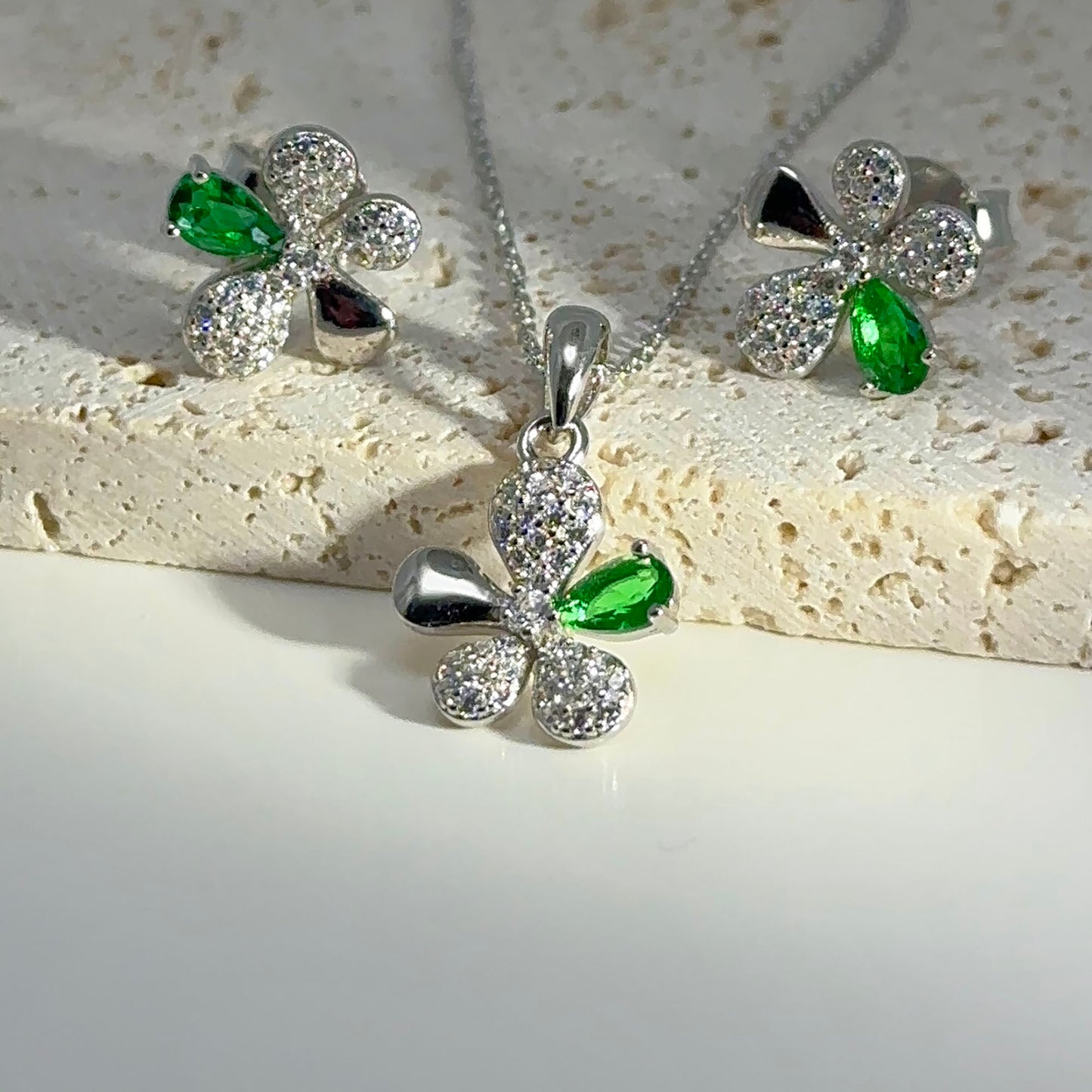 Sterling Silver Floral Jewelry Set: Diamond, Sky Blue, Emerald