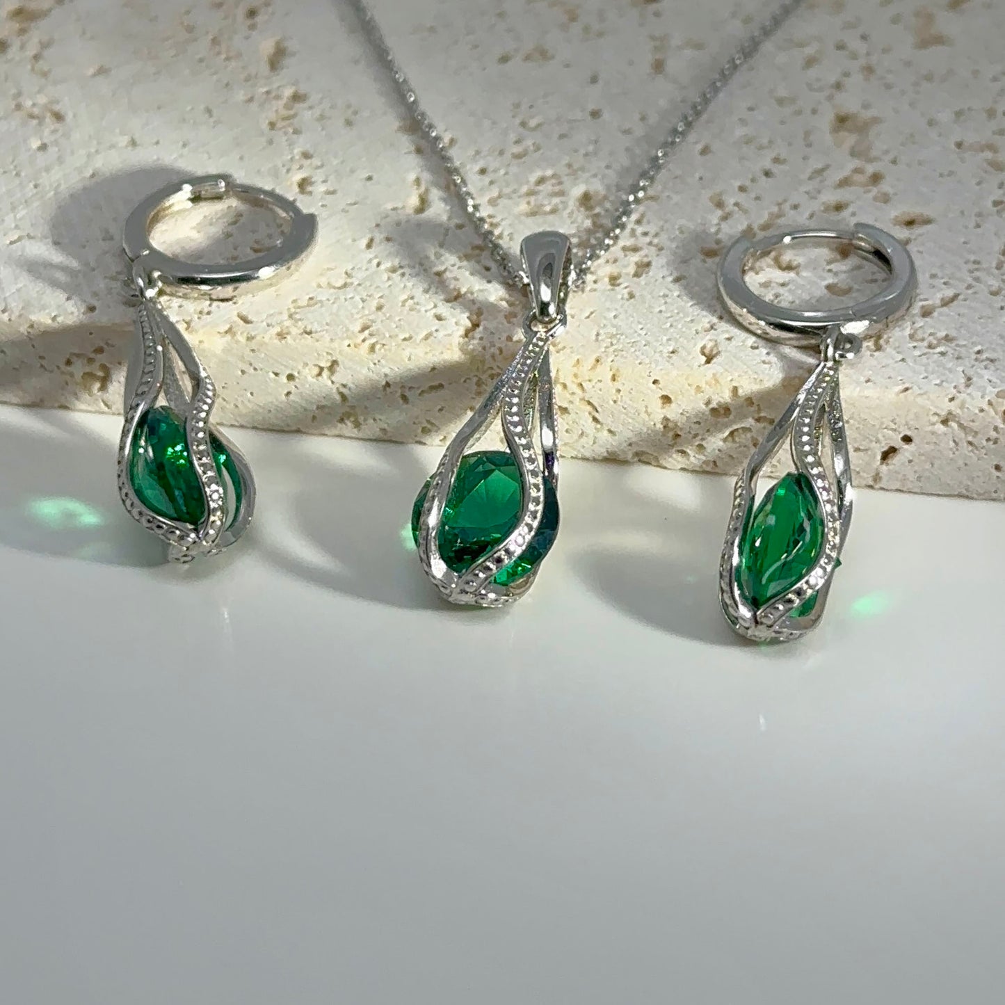 Sterling Silver Emerald Jewelry Set: Necklace & Earrings