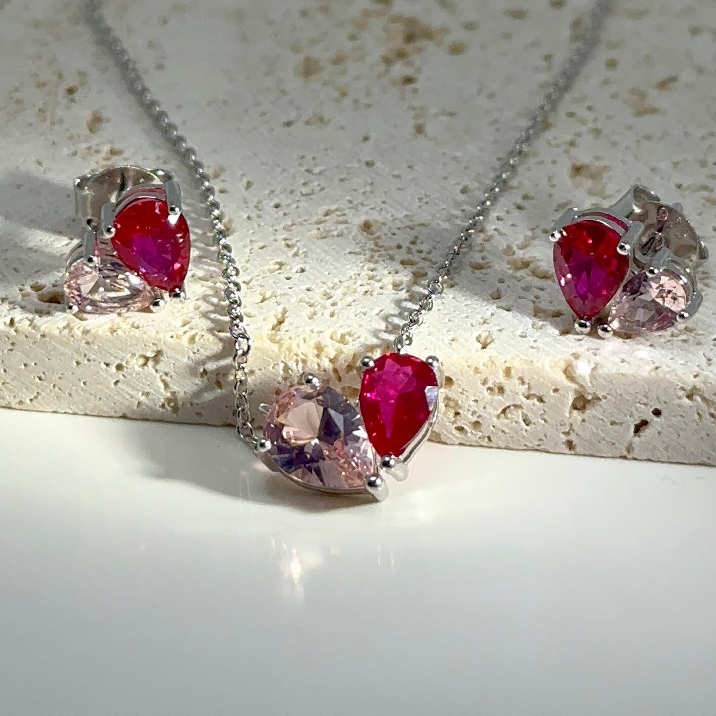 Sterling Silver Pear Jewelry Set: Emerald Yellow, Ruby Pink