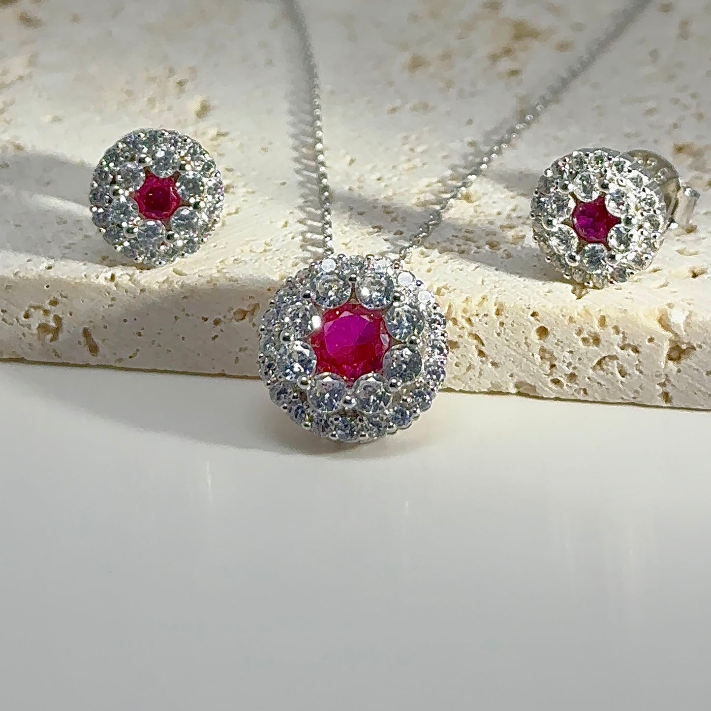 Sterling Silver Ruby Jewelry Set: Necklace & Stud Earrings