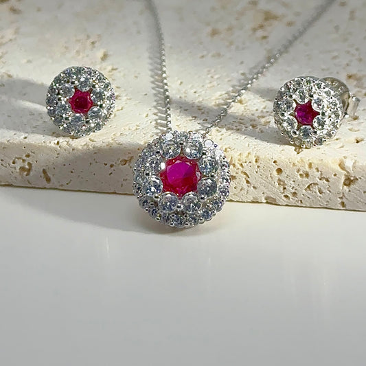 Sterling Silver Ruby Jewelry Set: Necklace & Stud Earrings