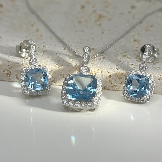 Sterling Silver Aquamarine Jewelry Set: Necklace & Earrings