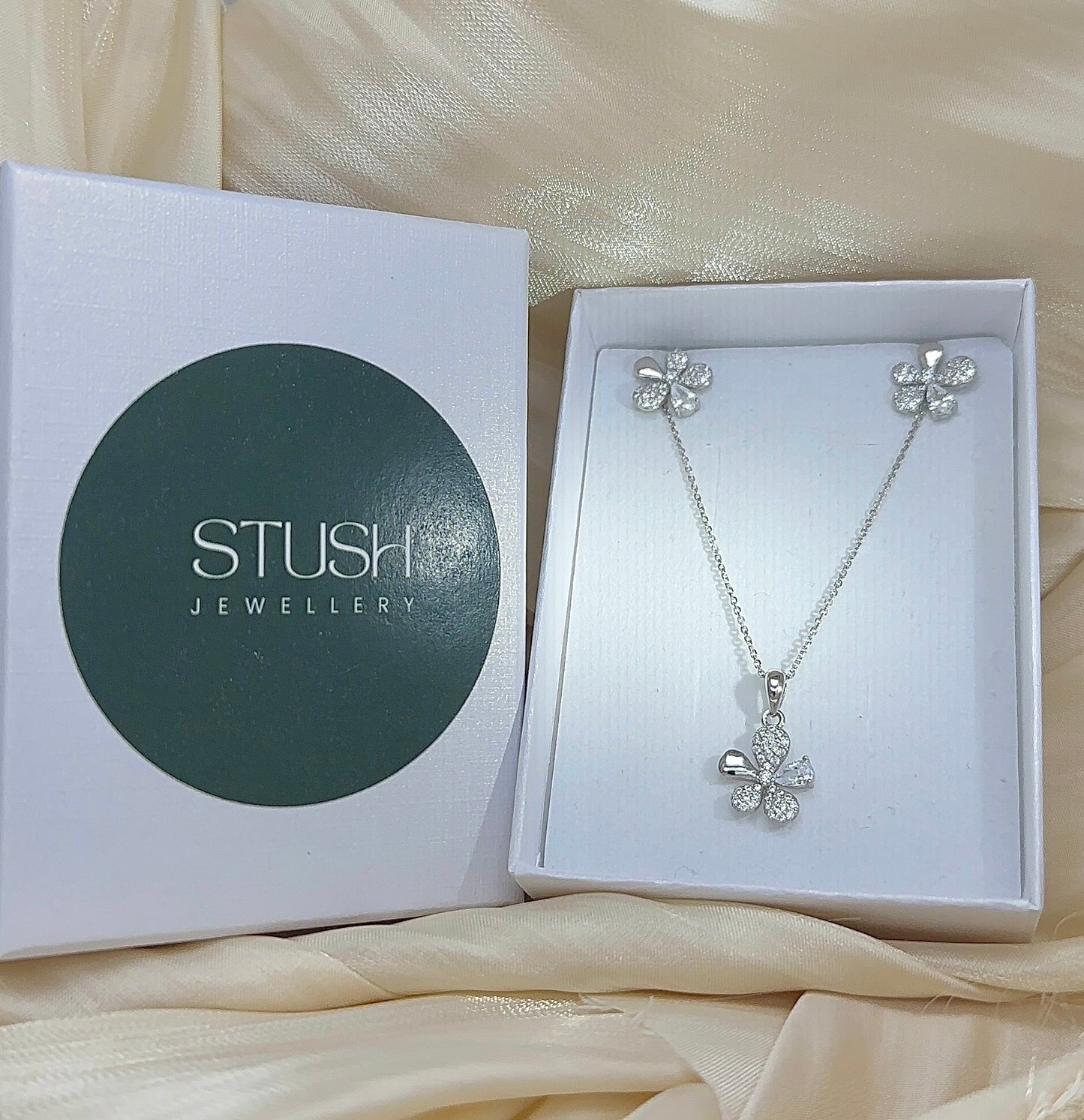 Sterling Silver Floral Jewelry Set: Diamond, Sky Blue, Emerald