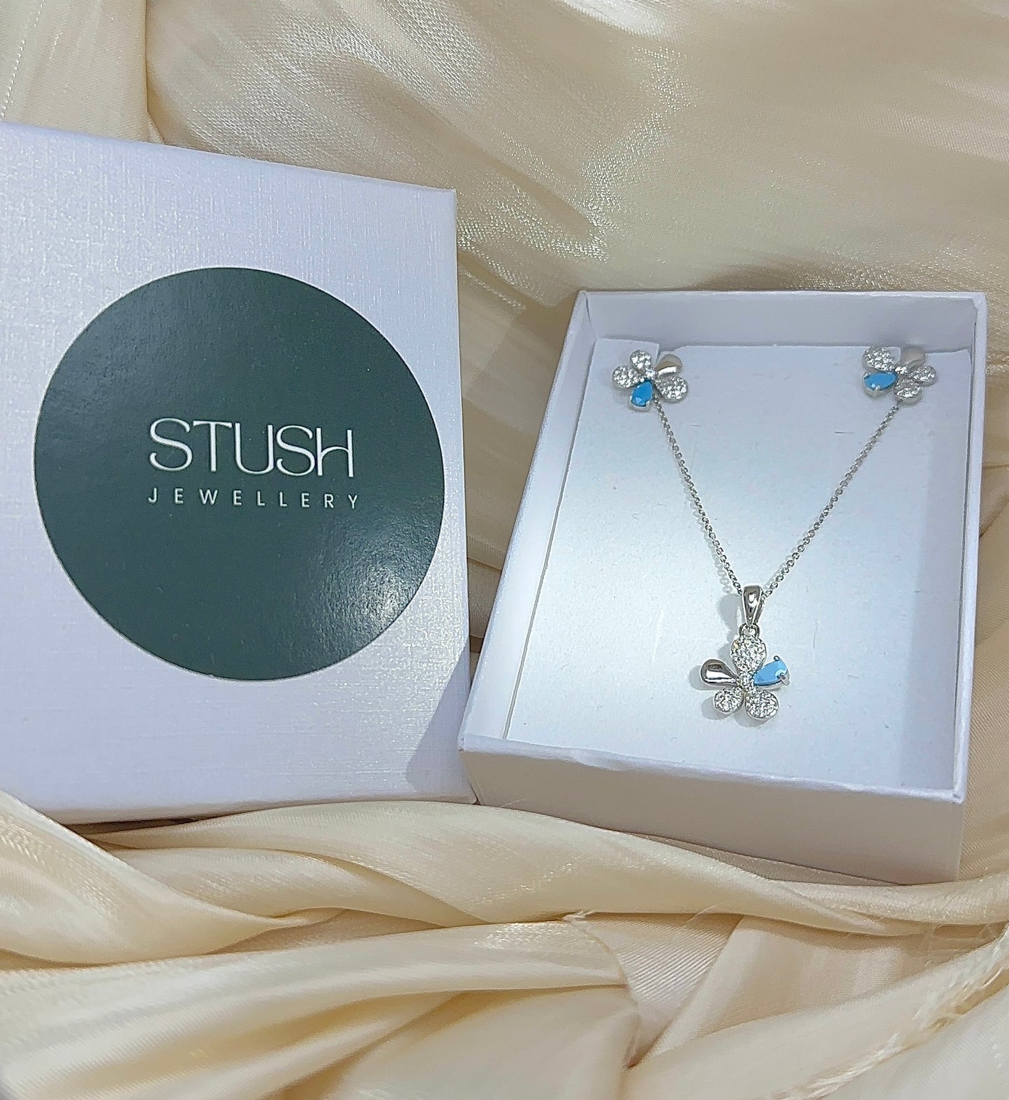 Sterling Silver Floral Jewelry Set: Diamond, Sky Blue, Emerald