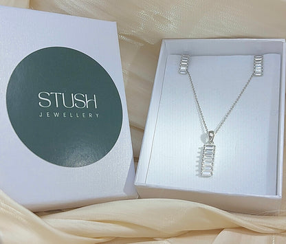 Sterling Silver Baguette Jewelry Set: Necklace & Earrings