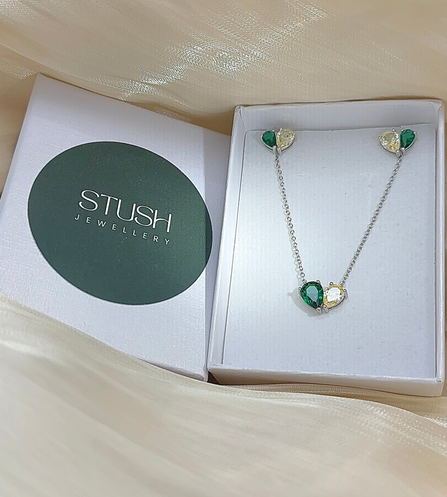 Sterling Silver Pear Jewelry Set: Emerald Yellow, Ruby Pink