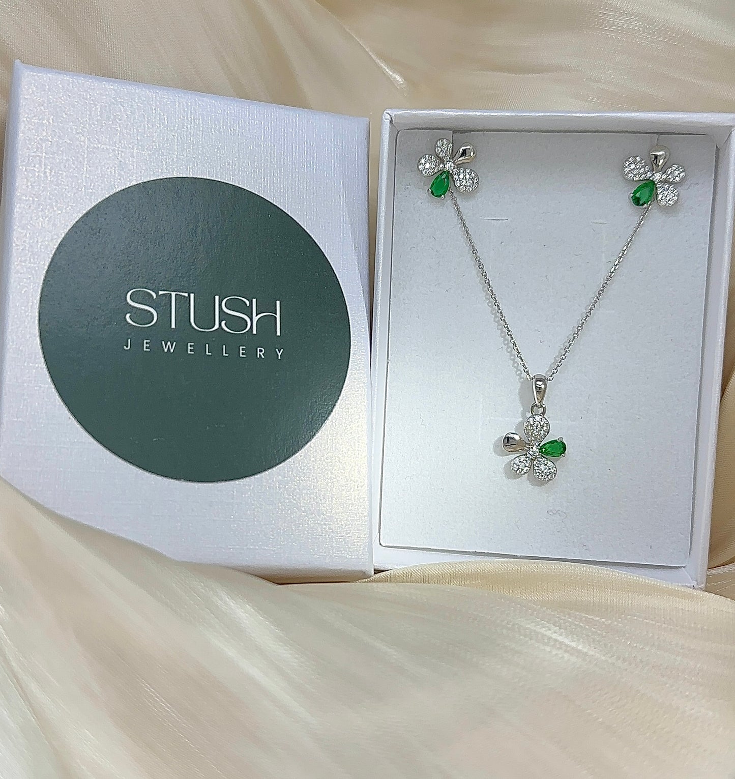 Sterling Silver Floral Jewelry Set: Diamond, Sky Blue, Emerald