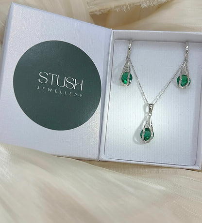 Sterling Silver Emerald Jewelry Set: Necklace & Earrings