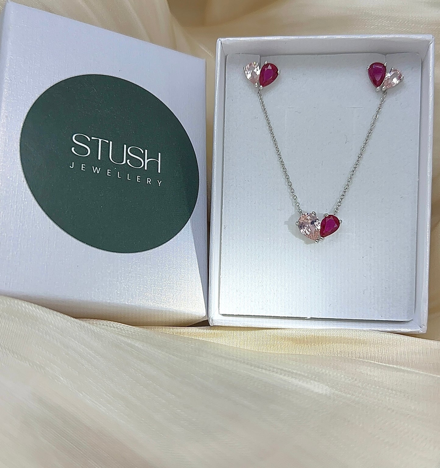 Sterling Silver Pear Jewelry Set: Emerald Yellow, Ruby Pink