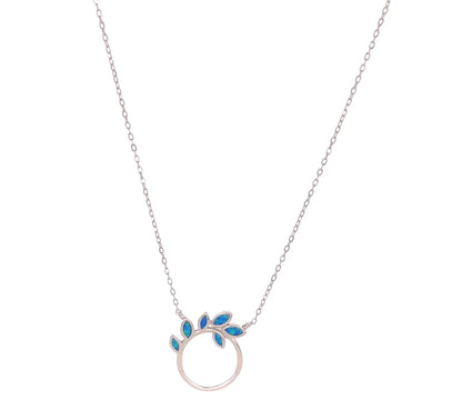 Sterling Silver Blue Opal Leaf Circle Necklace